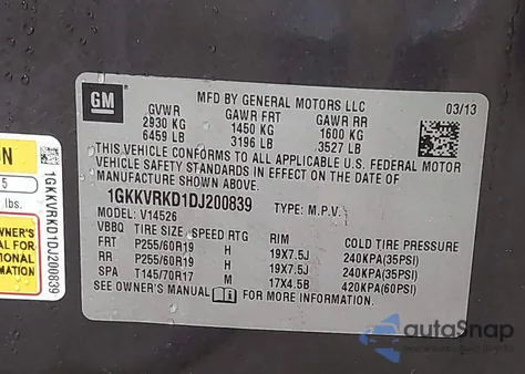 2013 GMC Acadia Slt-1 from USA, damaged, VIN 1GKKVRKD1DJ200839